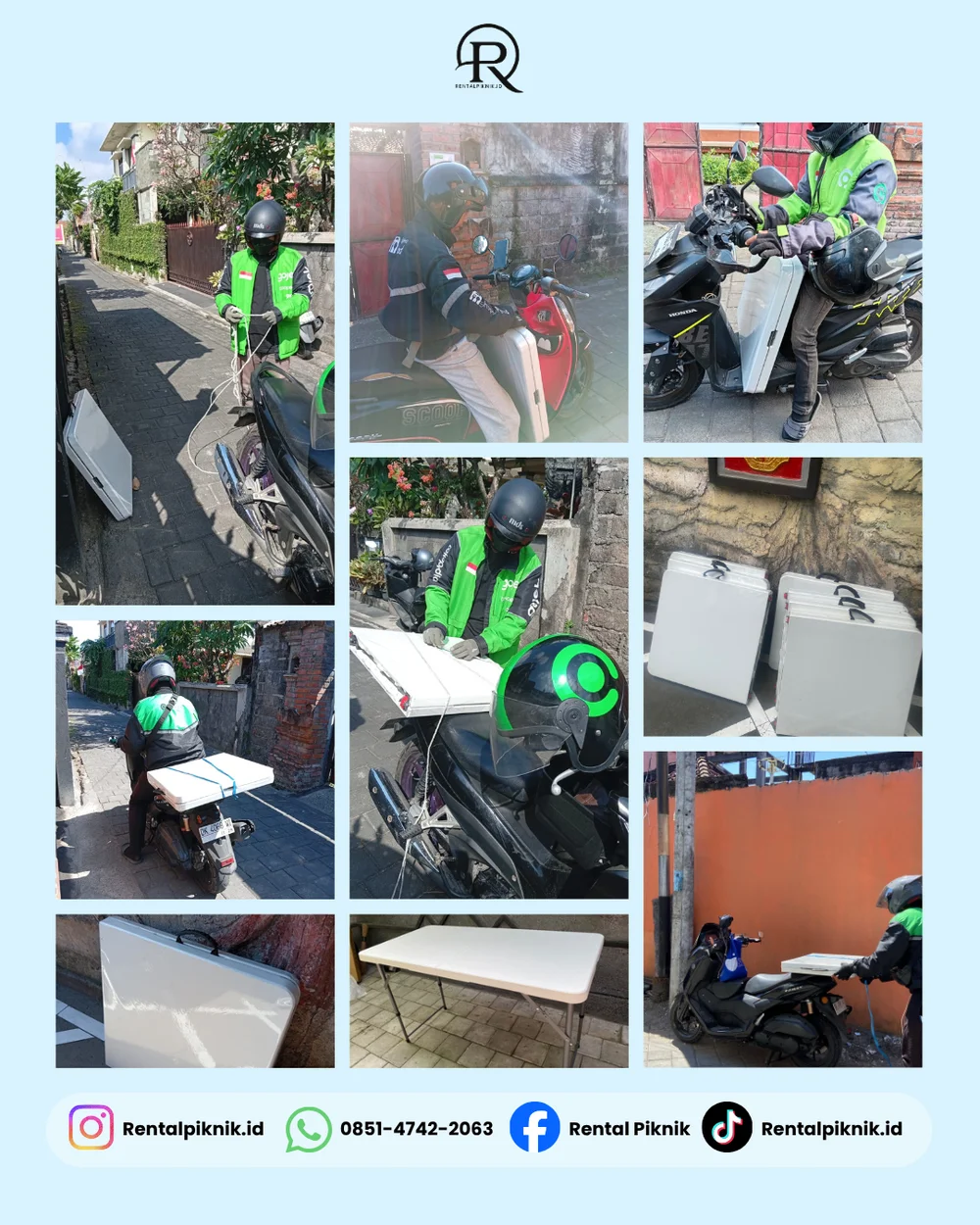 Kurir online mengangkut meja dan kursi lipat sewaan di Denpasar